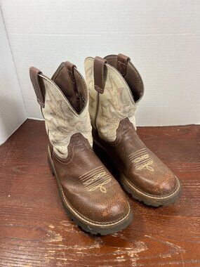 Ariat Womens Leather Western Boots Size 9B Brown & Tan Embroidered Pull-On Style